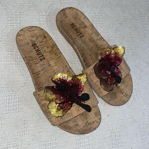 Schutz Women’s Slide Sandals Size 8 B Tan Cork Print Beach Cruise Island